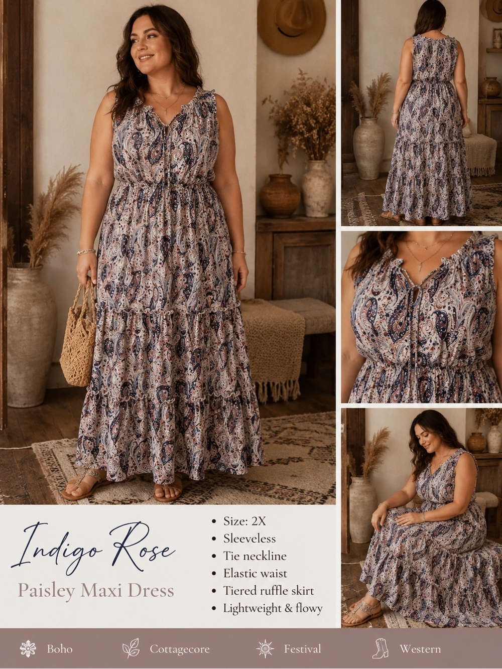 Indigo Rose Paisley Maxi Dress - Sleeveless Tie Neck
